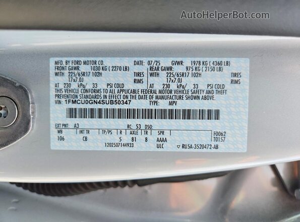 1FMCU0GN4SUB50347 2025 FORD ESCAPE White VIN sticker view