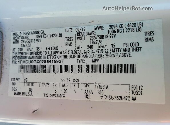 1FMCU0GX0GUB15927 2016 FORD ESCAPE White VIN sticker view