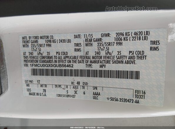 1FMCU0GX0GUB56462 2016 FORD ESCAPE White 