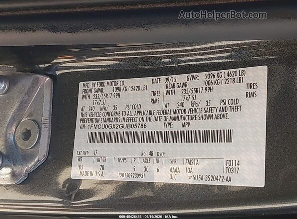 1FMCU0GX2GUB05786 2016 FORD ESCAPE Gray Вид підкапотного простору