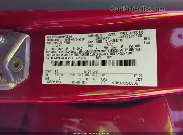 1FMCU0GX2GUC35700 2016 FORD ESCAPE Red Engine compartment view