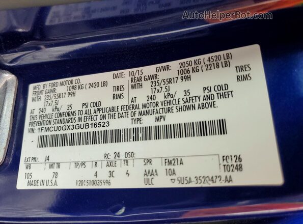 1FMCU0GX3GUB16523 2016 FORD ESCAPE Blue Vista de la etiqueta del VIN