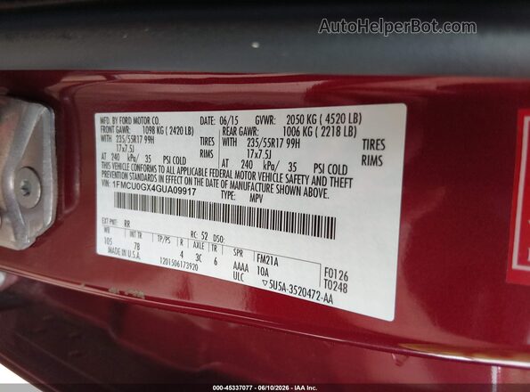 1FMCU0GX4GUA09917 2016 FORD ESCAPE Maroon ძრავის განყოფილების ხედი