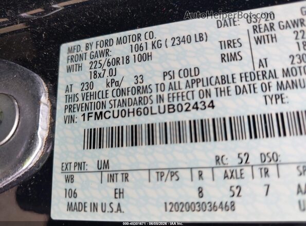 1FMCU0H60LUB02434 2020 FORD ESCAPE Black Շարժիչի բաժամունքի տեսք