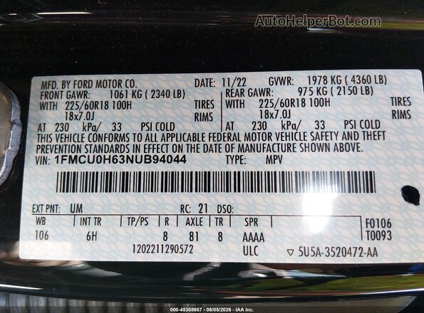 1FMCU0H63NUB94044 2022 FORD ESCAPE Black Շարժիչի բաժամունքի տեսք