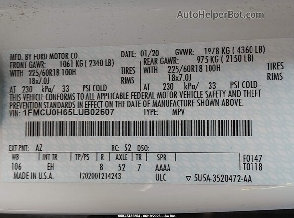 1FMCU0H65LUB02607 2020 FORD ESCAPE White Շարժիչի բաժամունքի տեսք