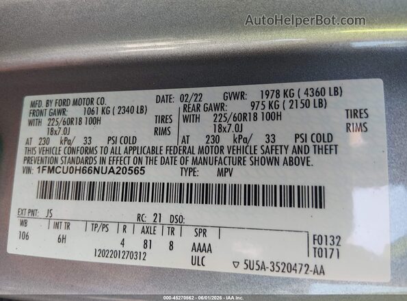 1FMCU0H66NUA20565 2022 FORD ESCAPE Gray Widok komory silnika