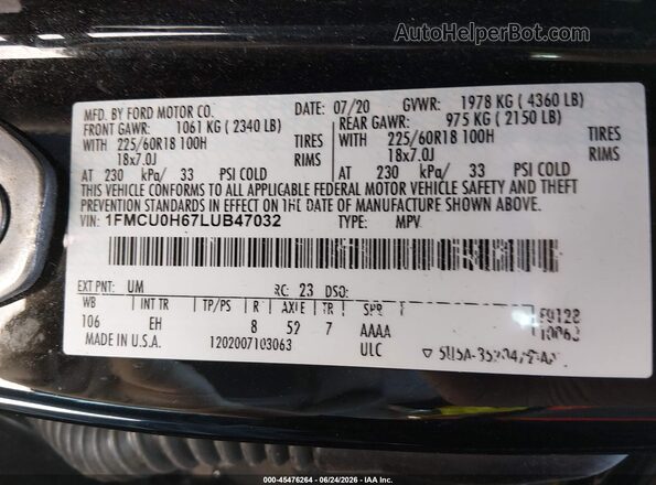 1FMCU0H67LUB47032 2020 FORD ESCAPE Black Engine compartment view