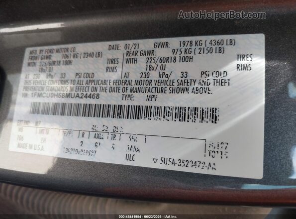 1FMCU0H68MUA24468 2021 FORD ESCAPE Gray Engine compartment view