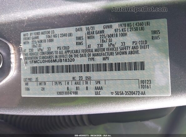 1FMCU0H68MUB18320 2021 FORD ESCAPE Silver Vista del compartimento del motor