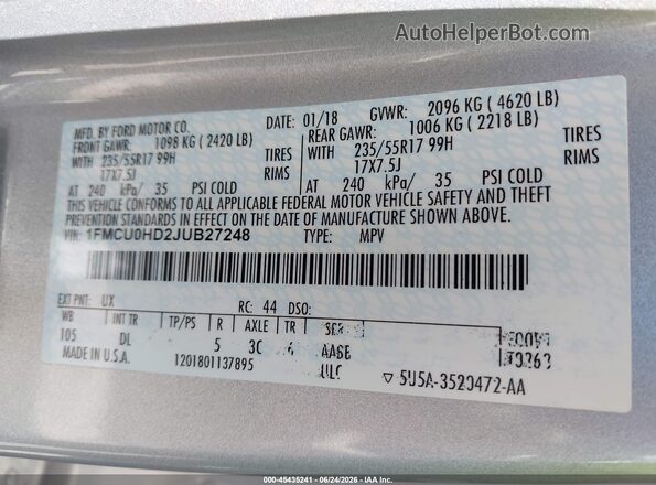 1FMCU0HD2JUB27248 2018 FORD ESCAPE Silver Շարժիչի բաժամունքի տեսք