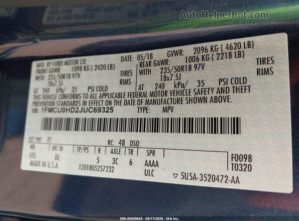 1FMCU0HD2JUC69325 2018 FORD ESCAPE Blue 