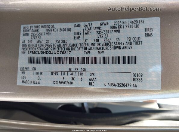 1FMCU0HD3JUC76817 2018 FORD ESCAPE Gold Engine compartment view