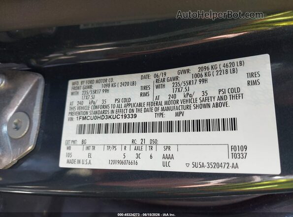 1FMCU0HD3KUC19339 2019 FORD ESCAPE Blue Vista del compartimento del motor