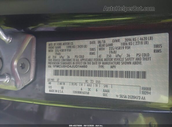 1FMCU0HD4JUD14460 2018 FORD ESCAPE Серый 