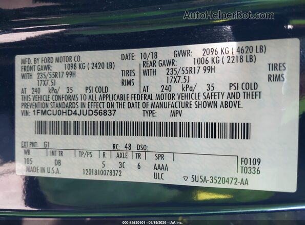 1FMCU0HD4JUD56837 2018 FORD ESCAPE Black 