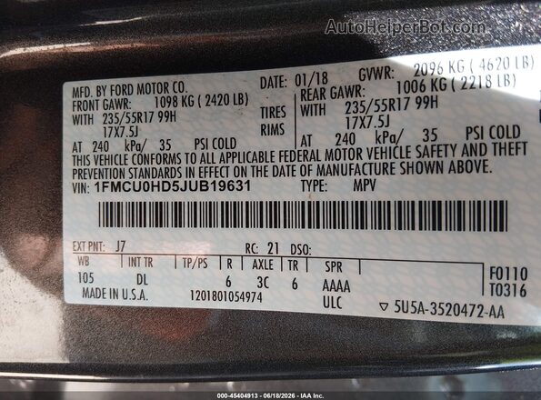 1FMCU0HD5JUB19631 2018 FORD ESCAPE Gray Вид підкапотного простору