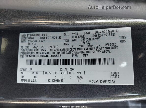 1FMCU0HD5JUD44535 2018 FORD ESCAPE Gray ძრავის განყოფილების ხედი