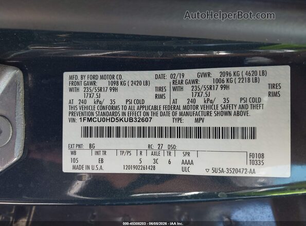 1FMCU0HD5KUB32607 2019 FORD ESCAPE Синий Вид подкапотного пространства
