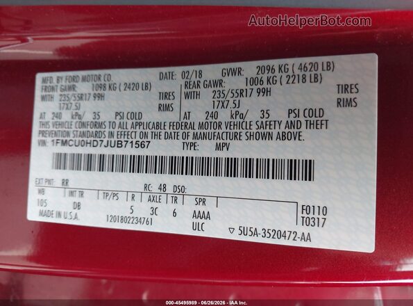 1FMCU0HD7JUB71567 2018 FORD ESCAPE Red Շարժիչի բաժամունքի տեսք