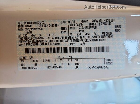 1FMCU0HDXJUD05486 2018 FORD ESCAPE White 