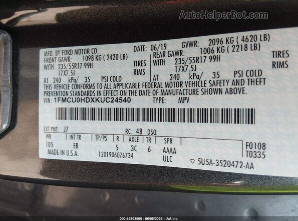 1FMCU0HDXKUC24540 2019 FORD ESCAPE Gray Շարժիչի բաժամունքի տեսք