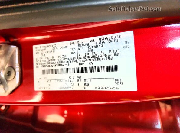 1FMCU0J91KUB62712 2019 FORD ESCAPE Red 