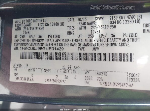 1FMCU0J96GUB31429 2016 FORD ESCAPE Gray Engine compartment view