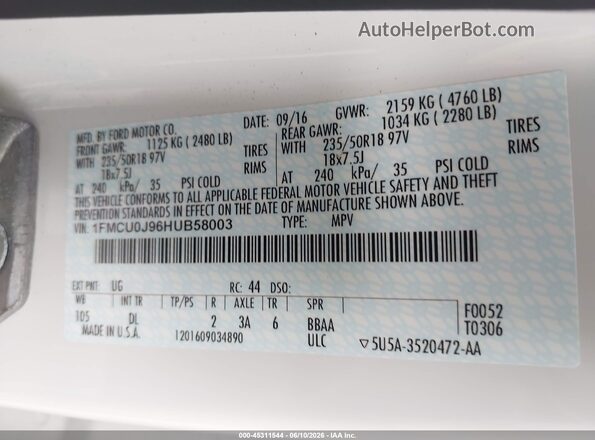 1FMCU0J96HUB58003 2017 FORD ESCAPE White Շարժիչի բաժամունքի տեսք