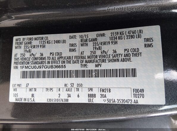 1FMCU0J97GUB36655 2016 FORD ESCAPE Black Вид підкапотного простору