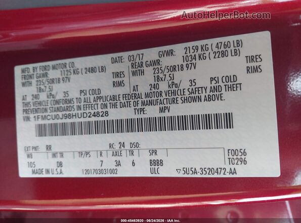 1FMCU0J98HUD24828 2017 FORD ESCAPE Красный Вид подкапотного пространства