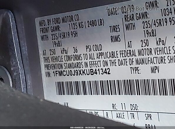 1FMCU0J9XKUB41342 2019 FORD ESCAPE Silver Vista del compartimento del motor