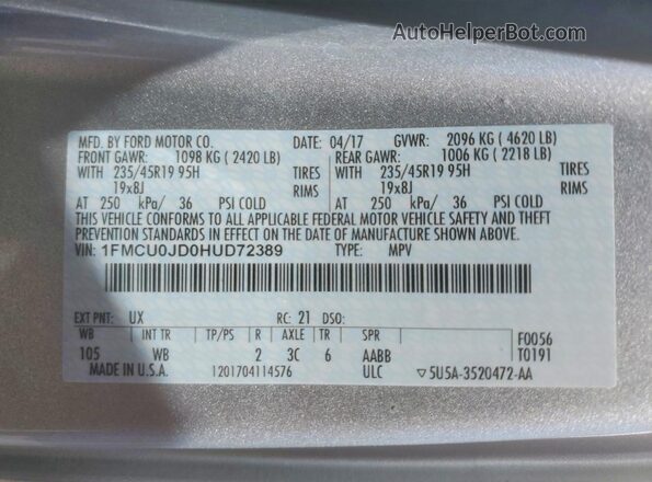 1FMCU0JD0HUD72389 2017 FORD ESCAPE Серебряный Вид наклейки с VIN-кодом