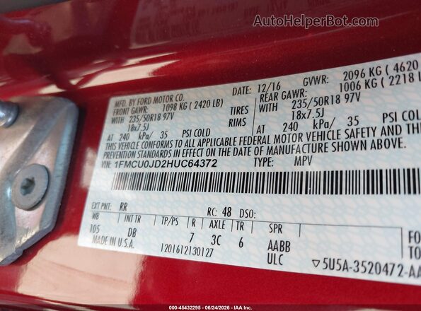 1FMCU0JD2HUC64372 2017 FORD ESCAPE Red Շարժիչի բաժամունքի տեսք
