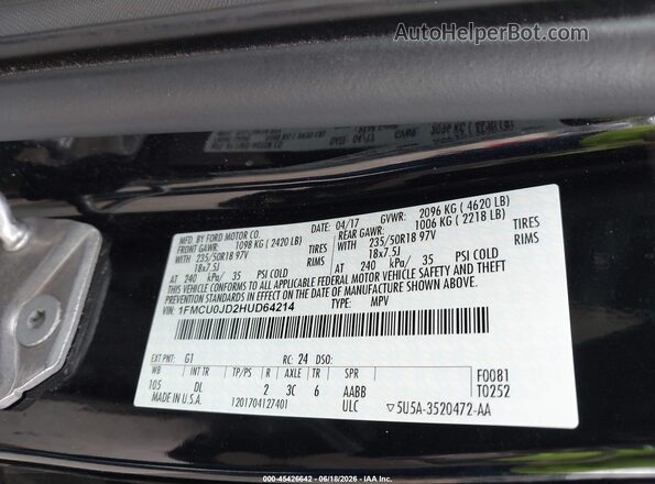 1FMCU0JD2HUD64214 2017 FORD ESCAPE Black Вид підкапотного простору