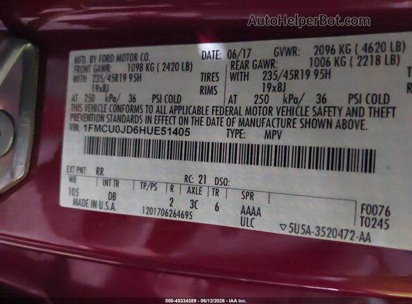 1FMCU0JD6HUE51405 2017 FORD ESCAPE Red Engine compartment view