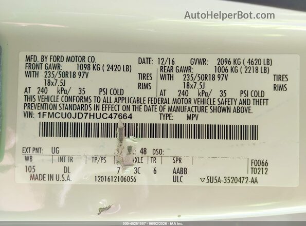 1FMCU0JD7HUC47664 2017 FORD ESCAPE White Вид підкапотного простору