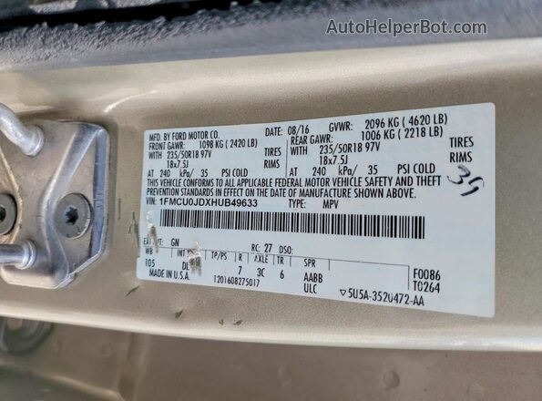 1FMCU0JDXHUB49633 2017 FORD ESCAPE Золотой Вид наклейки с VIN-кодом