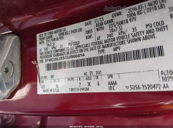 1FMCU0JX5GUB66414 2016 FORD ESCAPE Red Շարժիչի բաժամունքի տեսք