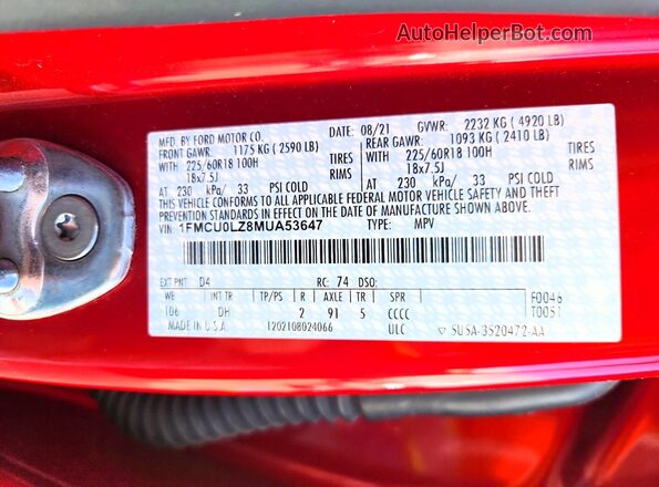 1FMCU0LZ8MUA53647 2021 FORD ESCAPE Red VIN sticker view