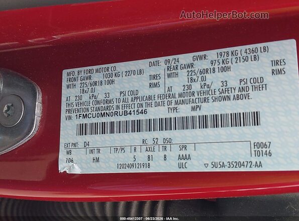 1FMCU0MN0RUB41546 2024 FORD ESCAPE Red Widok komory silnika