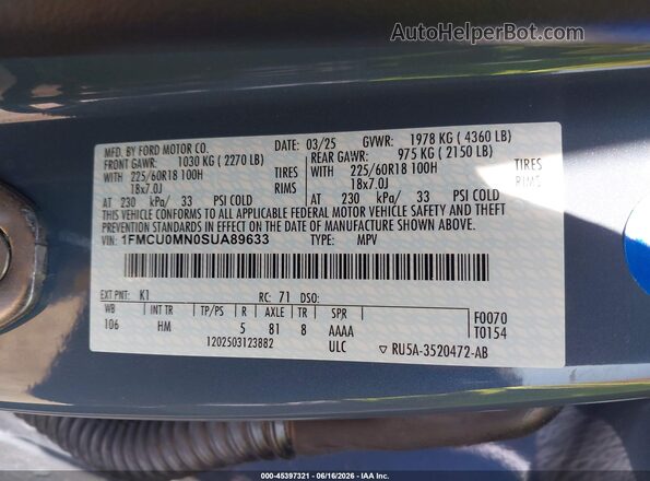 1FMCU0MN0SUA89633 2025 FORD ESCAPE Синий Вид подкапотного пространства