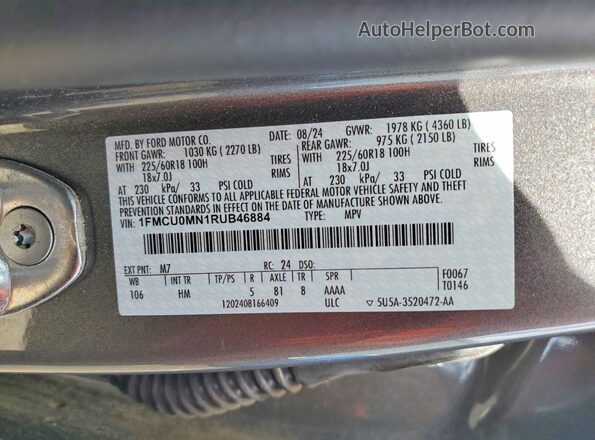 1FMCU0MN1RUB46884 2024 FORD ESCAPE Gray 360 interior view