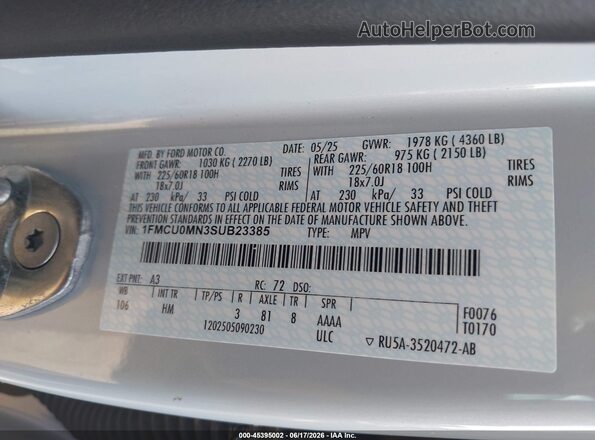 1FMCU0MN3SUB23385 2025 FORD ESCAPE White 