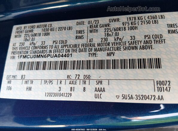 1FMCU0MN6PUA04401 2023 FORD ESCAPE Blue Engine compartment view