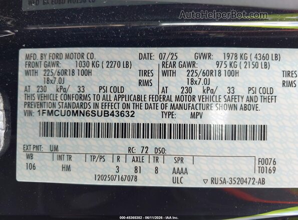 1FMCU0MN6SUB43632 2025 FORD ESCAPE Black 