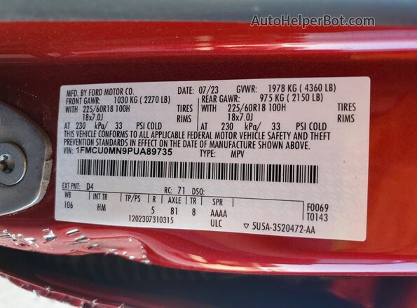 1FMCU0MN9PUA89735 2023 FORD ESCAPE Красный Вид наклейки с VIN-кодом