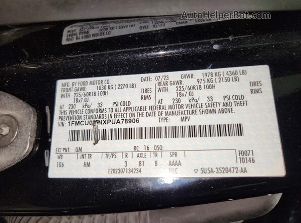 1FMCU0MNXPUA78906 2023 FORD ESCAPE Black VIN კოდის სტიკერის ხედი