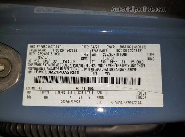 1FMCU0MZ1PUA29256 2023 FORD ESCAPE Blue Widok naklejki z numerem VIN