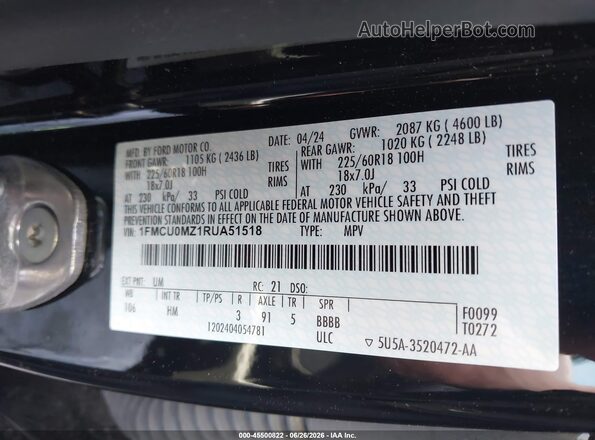 1FMCU0MZ1RUA51518 2024 FORD ESCAPE Black Widok komory silnika